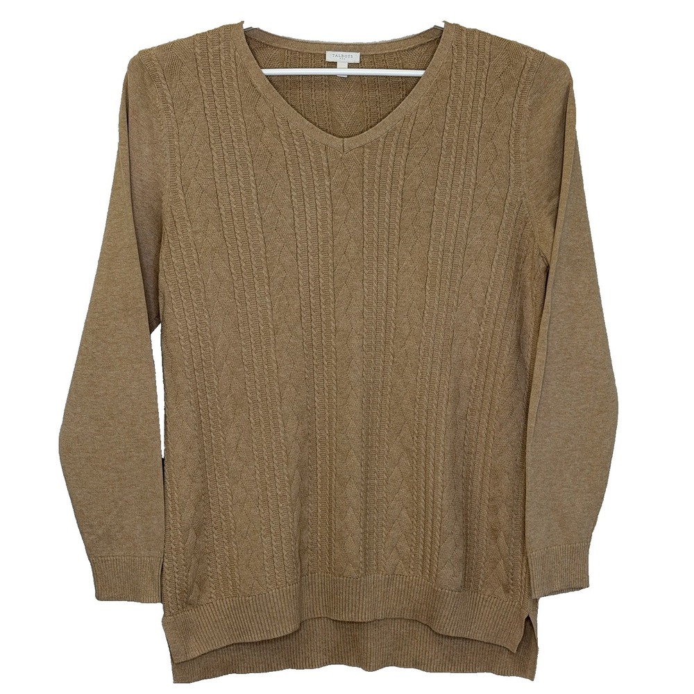 Talbots Tunic Sweater Womens Size Large Tan Brown V-Neck Lightweight Cable Knit